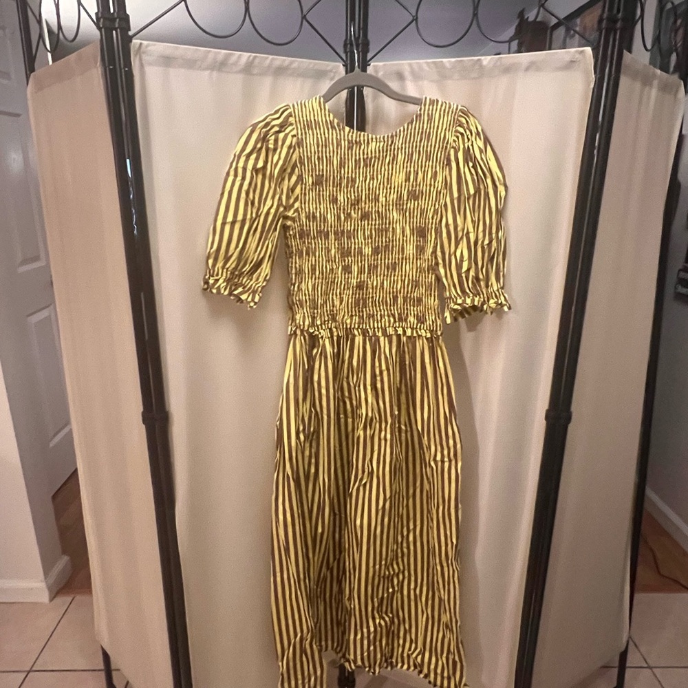 Damson Madder Yellow and Black Smocked Sundress with Puff Sleeves Size 12